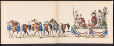 Masquerade of the Leiden Students, 1870 (skylt 15) Klädd procession som hölls av medlemmarna i Leidens studentkår den 7 juni 1870, för att fira 295-årsjubileet av Leidsche Hoogeschool, representerande ett besök i Leiden i av Gerardus Johannes Bos