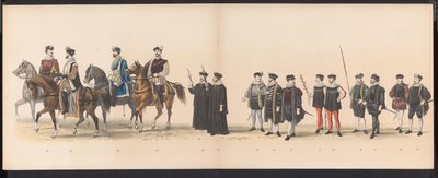 Masquerade of the Leiden Students, 1870 (skylt 6) Klädd procession som hölls av medlemmarna i Leidens studentkår den 7 juni 1870, för att fira 295-årsjubileet av Leidsche Hoogeschool, föreställande ett besök i Leiden i av Gerardus Johannes Bos