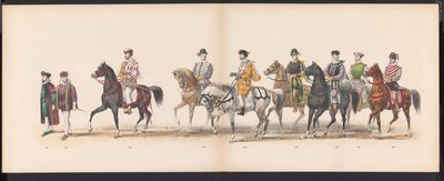 Masquerade of the Leiden Students, 1870 (skylt 8) Klädd procession som hölls av medlemmarna i Leidens studentkår den 7 juni 1870, för att fira 295-årsjubileet av Leidsche Hoogeschool, föreställande ett besök i Leiden i av Gerardus Johannes Bos