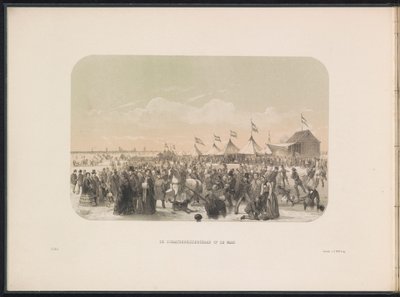 Skridskoåkning på Maas i Rotterdam, 1855 Skridskobanan på Maas (titel på objekt) Isunderhållning på Maas i Rotterdam i februari 1855, med bildtexter (serietitel på objekt) av Gerardus Johannes Bos