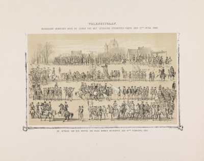 Folkets upplaga. Maskerad som hölls av medlemmarna i Leydsche Studenten-Corps, 11 juni 1860. Hertigen av Anjous inresa i Antwerpen, 19 februari 1582. (titel på objekt) av Gerardus Johannes Bos