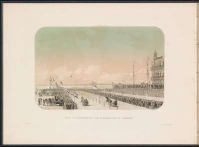 Race för häst och vagn på Maas i Rotterdam, 1855 Utsikt över selekapplöpningen med häst- och gycklarsläde, längs Willemskade (titel på objektet) Isunderhållningen på Maas i Rotterdam i februari 1855, med bildtexter (serietitel på objekt) av Gerardus Johannes Bos