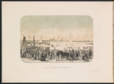 Tävling om issegelbåtar på Maas i Rotterdam, 1855 Utsikt över hårdseglingsfesten med isbåtar (titel på objekt) Isunderhållningen på Maas i Rotterdam i februari 1855, med bildtexter (serietitel på objekt) av Gerardus Johannes Bos
