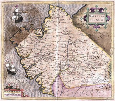 Galicien, Santiago de Compostela, Monforte de Lemos, nordvästra Spanien (gravyr av Gerardus Mercator
