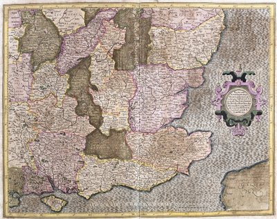Southeast region of England inklusive British Channel och London (gravyr av Gerardus Mercator