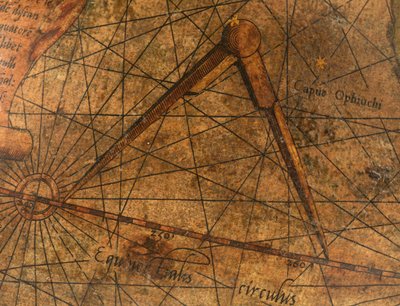 Terrestrial Globe, detalj av Stilla havet med ett stort par avdelare av Gerardus Mercator