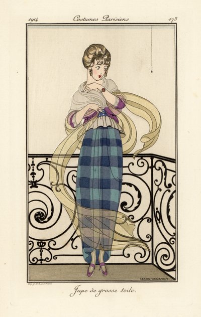 Kvinna i en stor slitagekjol som ser rädd för en spindel. av Gerda Marie Frederike Wegener