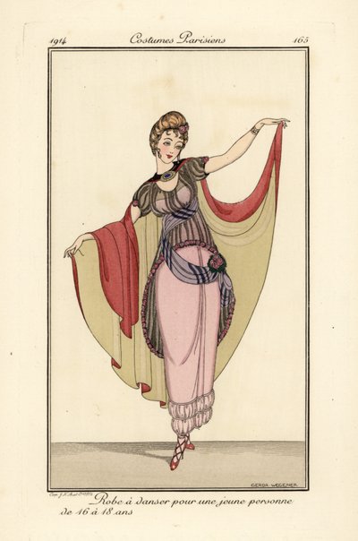 Ung kvinna i dansklänning med cape. av Gerda Marie Frederike Wegener
