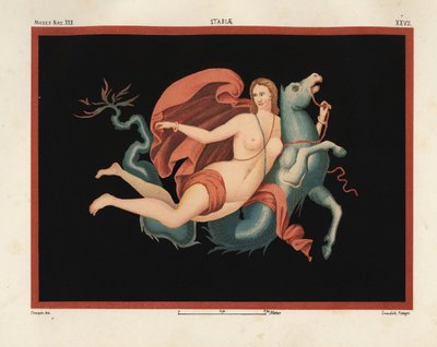 En Nereid (havsnymf) i mantel och armband som rider på ett havsmonster eller hippocampus, hälften häst och hälften fisk. Museo Naz. XXII, Stabiae. Ritad och kromolitografi av Victor Steeger från Emile Presuhn (1844-1878) De vackraste målningarna av Pompeji av Geremia Discanno