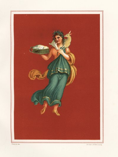 Allegorisk väggmålning av våren från västra sidan av atriumet i Regio IX.V.11. Hon håller en ostkorg och bär ett lamm över sina axlar. Kromolitografi av J.G. Bach efter en illustration av Geremia Discanno från Emile Presuhn (1844-1878) av Geremia Discanno