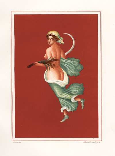 Allegorisk väggmålning av sommaren från öster om atriumet i Regio IX.V.11. Hon bär en skära och vete. Kromolitografi av Victor Steeger efter en illustration av Geremia Discanno från Emile Presuhn (1844-1878) De vackraste målningarna av Po av Geremia Discanno