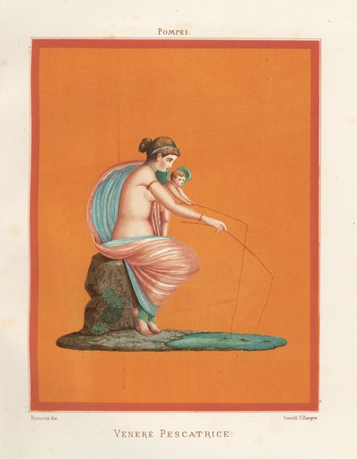 Väggmålning av Venus och cupidfiske med spön från en damm. Finns i Regio V.V.3, Gladiatorernas hus. Kromolitografi av Victor Steeger efter en illustration av Geremia Discanno från Emile Presuhn (1844-1878) De vackraste målningarna av Pompeji, av Geremia Discanno