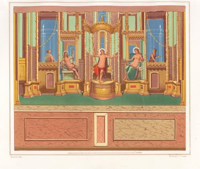 Väggmålning som visar Bacchus, Venus och Apollo från en avskild sittplats i ett hörn av en trädgård i Domus M. Herenulli Communis eller Apollos hus, Reg. VI, Ins. VII, nr 23. Kromolitografi av Victor Steeger efter en illustration av Geremia Discan av Geremia Discanno