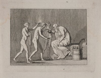 Allegori med tre ungdomar och en gammal man i antik dräkt. av Gerhard Ludvig Lahde