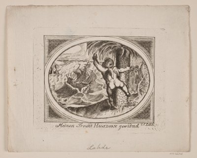 Amor vid en palm som pekar bortom ett rasande hav. av Gerhard Ludvig Lahde