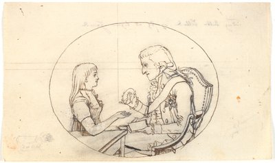 Kronprins Frederik med kronprinsen (Chr. VIII) visar ett porträtt av framlidna kronprinsessan Sofie Frederikke av Gerhard Ludvig Lahde