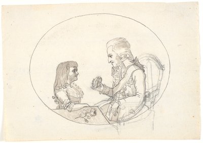 Kronprins Frederik med kronprinsen (Chr. VIII) visar ett porträtt av framlidna kronprinsessan Sofie Frederikke av Gerhard Ludvig Lahde