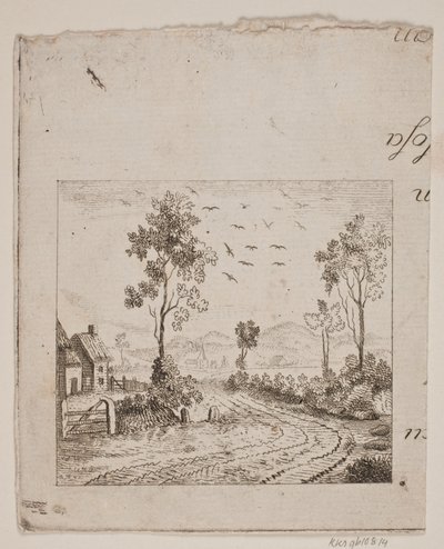 Landskap med hus vid väg med träd och flygande fåglar av Gerhard Ludvig Lahde