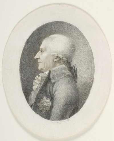 Porträtt av A.P. Bernstorff, greve, statsminister (1735-1797). Byst bild. Profil till vänster av Gerhard Ludvig Lahde