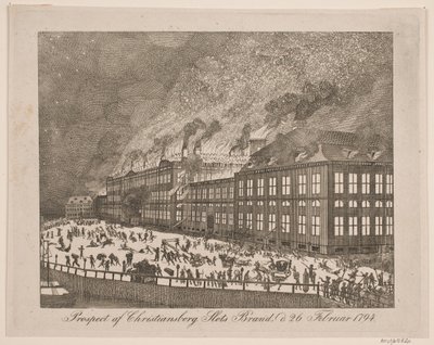 Prospekt över Christiansborgs slotts brand den 26 februari 1794 av Gerhard Ludvig Lahde