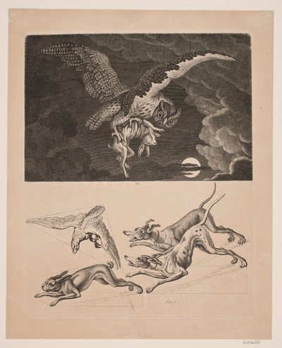 Panel med Uggla som flyger med Hare, nedanför; hundar, harar och jaktfalkar av Gerhard Ludvig Lahde