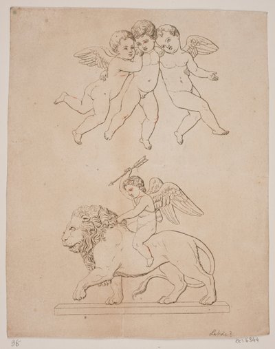 Panel med tre cupids och nedan cupid på ett lejon av Gerhard Ludvig Lahde