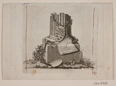Vinjett med bruten pelare och de tre nordiska rikens armar av Gerhard Ludvig Lahde