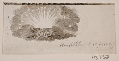 Vinjetten med de tre nordiska rikens armar i moln framför solen av Gerhard Ludvig Lahde