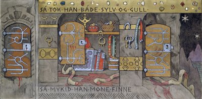 Asmund hämtar hem silver och guld - Munthe, Gerhard (1849-1929) - 1902-1904 - Olja på duk - 62x122 - Nationalmuseet för konst, Oslo av Gerhard Peter Frantz Vilhelm Munthe