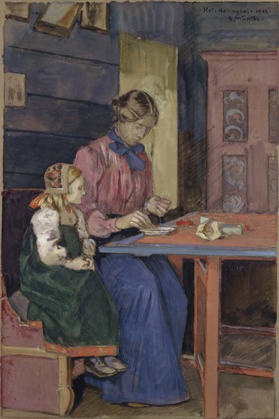 Ung tjej från Hallingdal som lär sig trä pärlor av Gerhard Peter Frantz Vilhelm Munthe