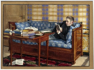 Porträtt av poeten Vasili Zoukovsky (1783-1852). (Porträtt av poeten Vasilij Zjukovskij). Liggande i en soffa läser han, framför sig, högar med böcker på ett bord. Verk av Gerhard Wilhelm von Reutern (1794-1865), penna och akvarell på papper av Gerhard Wilhelm von Reutern