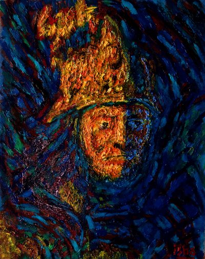 Hjälmförsedd guldman efter Rembrandt,2020 (olja på duk) av Gerhardt Isringhaus
