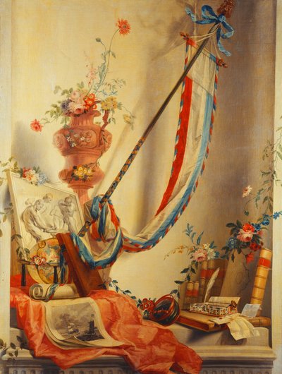 En banderoll, blommor i en urna, en relief, en jordglob, ett tryck, en kompass, ett skrivset, bokstäver och Blaeus atlas i en nisch av Gerke Jans de Jager