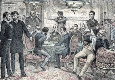 Samhälle och socialt liv: manlig klubb med spel och hasardspel gravyr från "" Les besoins de la vie" av Rengade av Gerlier Gerlier