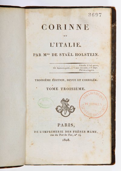 Titelsida av Corinne ou lItalie, 3:e reviderade och förstorade upplagan, 3:e volymen, Imprimerie des Freres Mame, Paris, 1808 (tryckt papper) av Germaine de Stael
