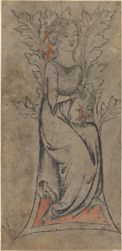 Sittande flicka med en hund av German 14th Century