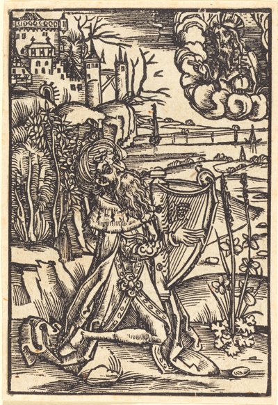 David spelar harpa av German 15th Century