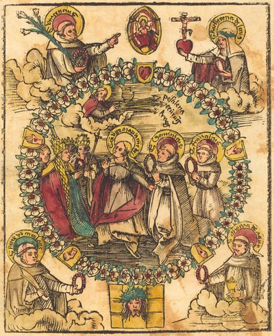 Madonna i en radband med heliga av German 15th Century