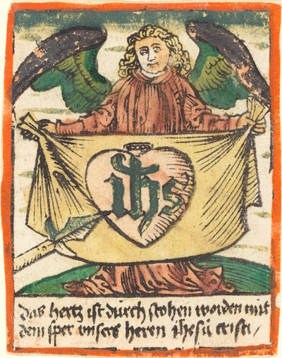 Heligt monogram i ett heligt hjärta på ett tyg som hålls av en ängel av German 15th Century