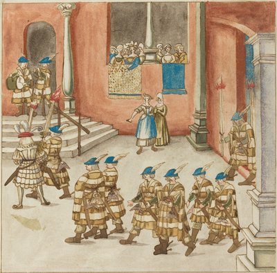 Riddarprocession sedd av damer på en balkong av German 16th Century