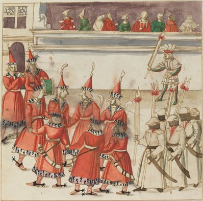 Sju män i rött samlade i en cirkel av German 16th Century