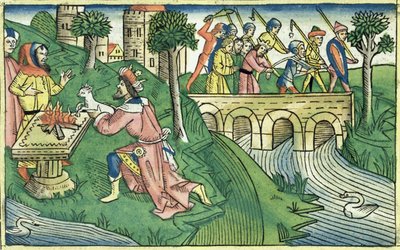 2 Kungaboken 16 9-16 Folket i Damaskus tas till fånga, från Nürnbergbibeln (Biblia Sacra Germanaica) (färgat träsnitt) av German School