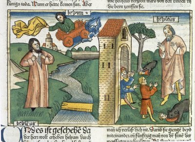 2 Kungaboken 2 1-24 Elia stiger upp till himlen i en virvelvind och pojkarna som hånade Elisa blir uppätna av björnar, från Nürnbergbibeln (Biblia Sacra Germanaica) (färgat träsnitt) av German School