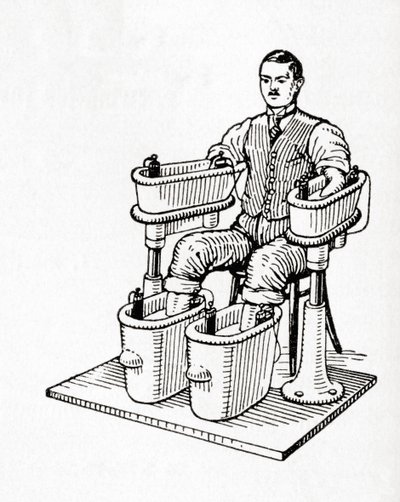 Ett galvaniskt bad från 1800-talet eller Schnee Four Cell Bath, från Meyers Lexicon, pub. 1927 (tryck) av German School