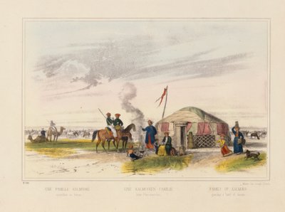 En kalmykisk (västmongolisk) familj som vallar hästar, bildblad publicerat av Joseph Scholz, Mainz, ca 1860 av German School