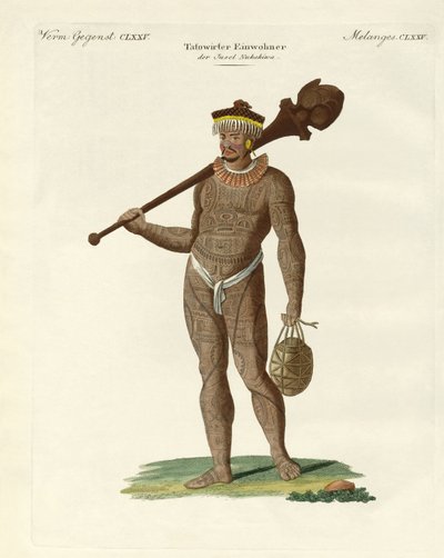 En Nukahiwans med fladdermus och kalabasser (färgad gravyr) av German School