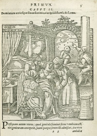 A Woman in Labour, illustration från kapitel 2, bok 1 av On the Conception and Growth of Man av Rueff, 1587 av German School