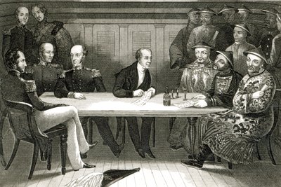 En konferens på Chusan mellan Commodore Bremer och Chang, en kinesisk tjänsteman, ombord på HMS Wellesley, 4 juli 1841 av German School