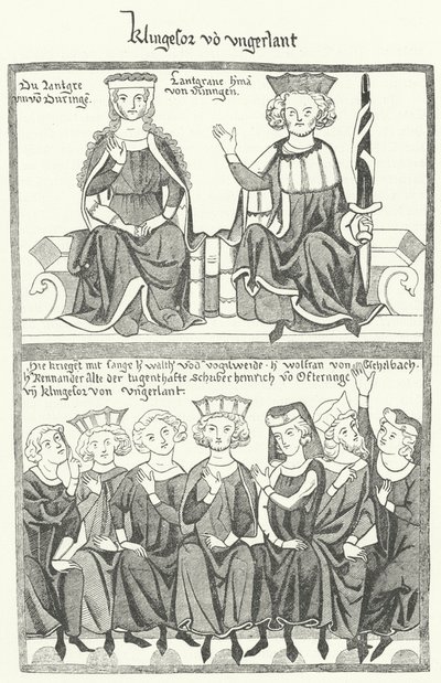 En skildring av Sangerkrieg, en tävling mellan minstreler på slottet Wartburg i Thüringen 1207, från Codex Manesse (gravyr) av German School