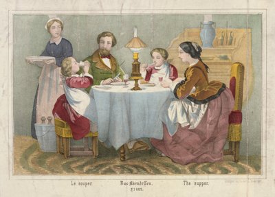 En familj vid sin kvällsmåltid, bildblad publicerat av Haider & Cronberger, Stuttgart, 1860 av German School